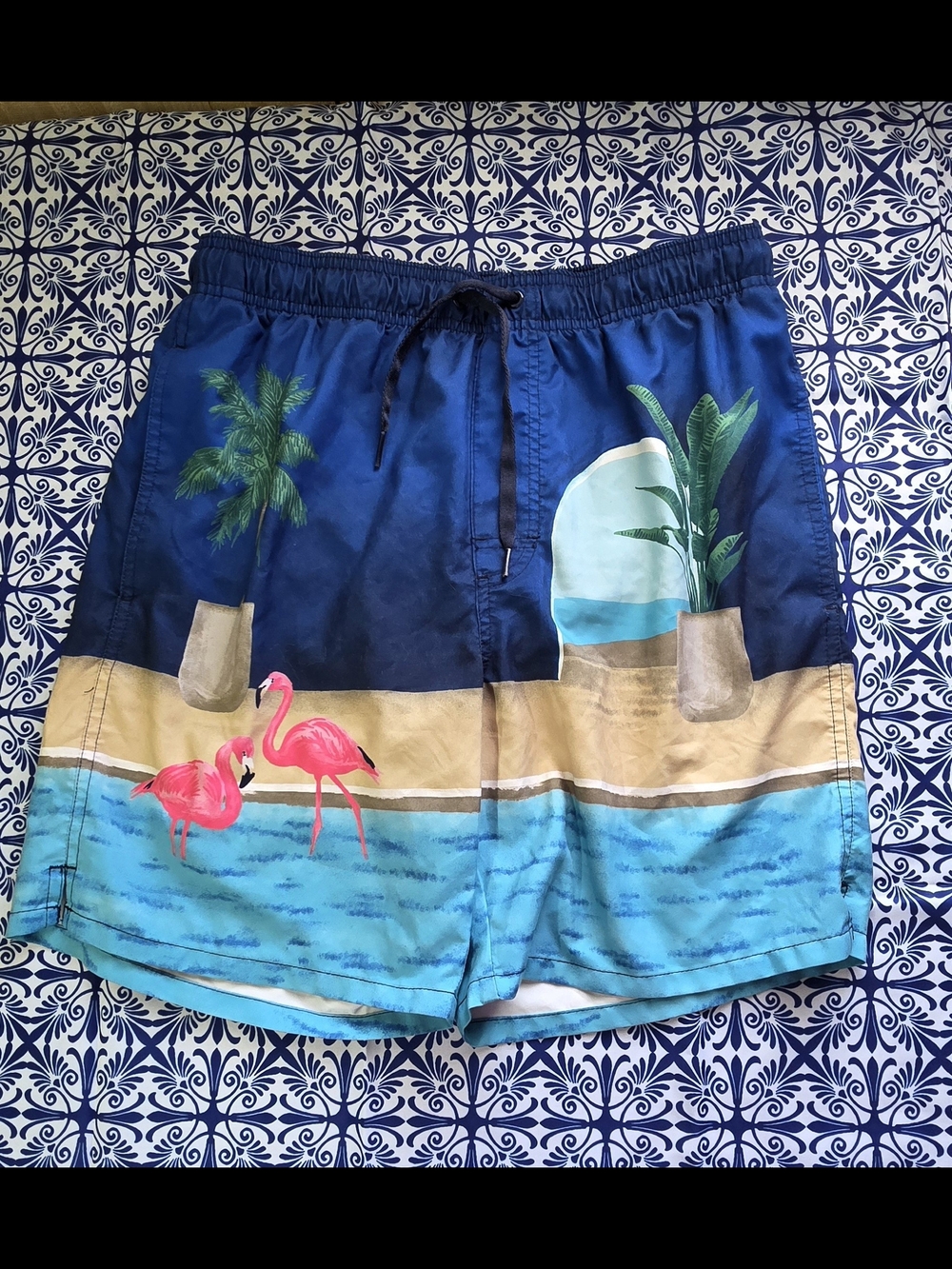 Old Navy Blue Tropical Flamingo Print Swim Trunks Sz M